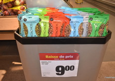 Bin with different flavors of pistachios, brought in from the U.S.